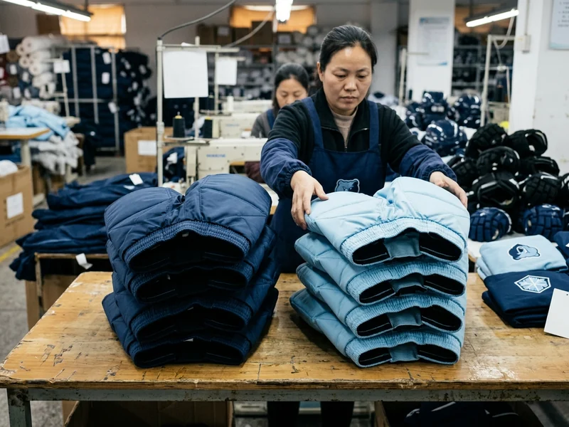 Folded hockey pant shells in two different colorways stacked for a mid-season reorder