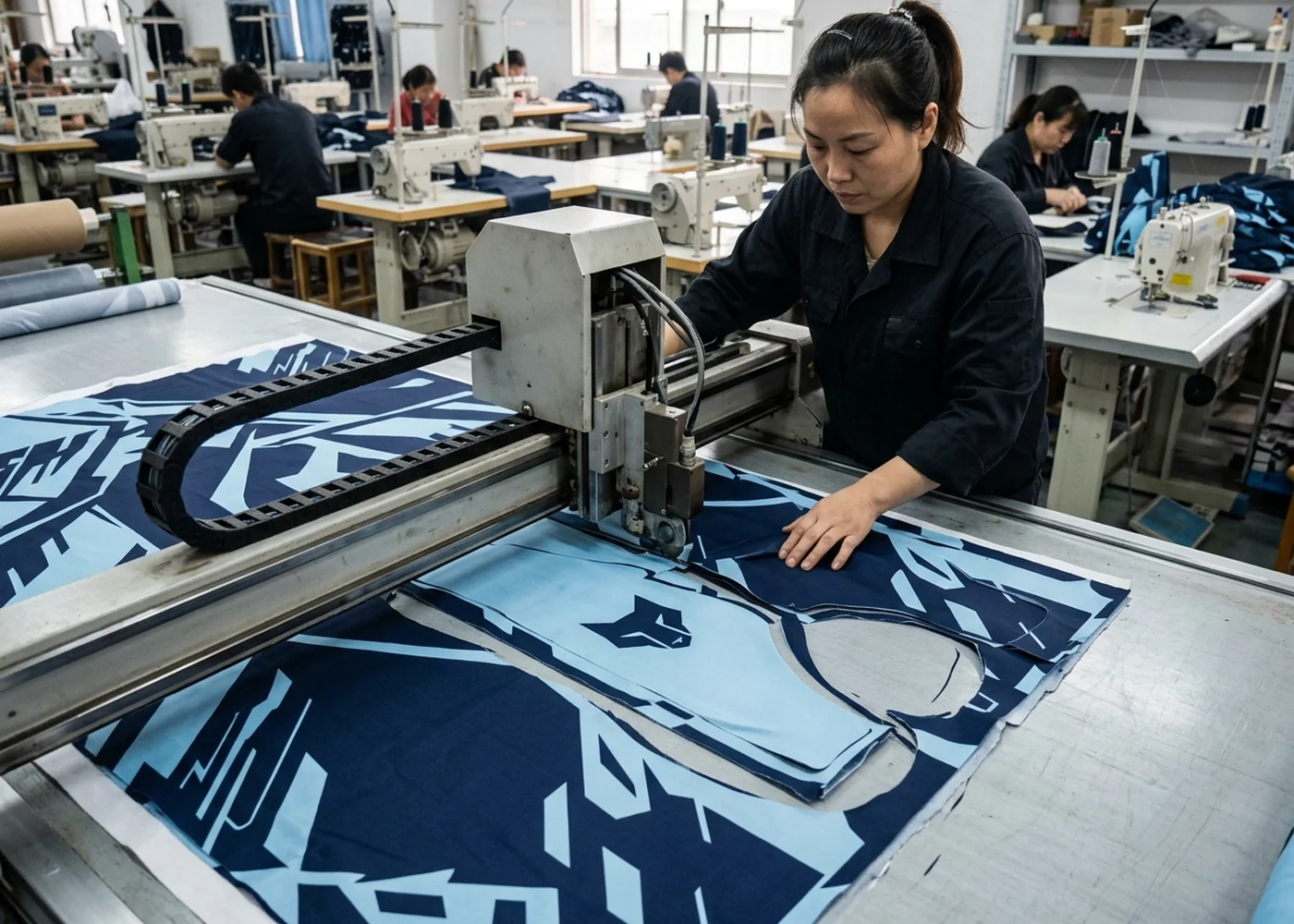 Automated cutter slicing shaped hockey pant shell panels from printed fabric