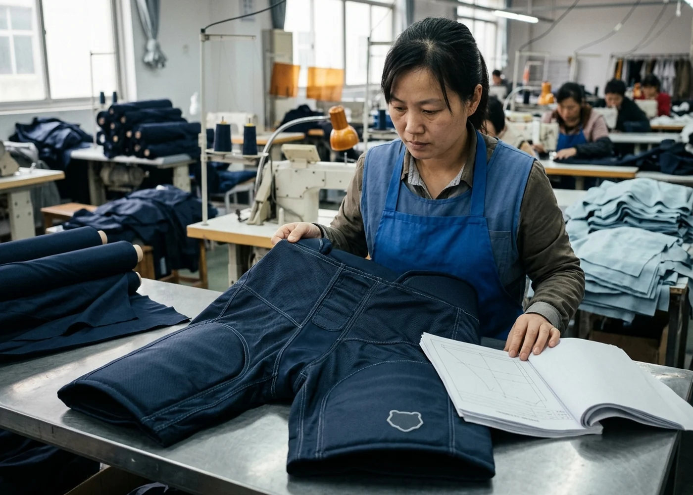 Inspector checking a finished hockey pant shell against the graded spec sheet