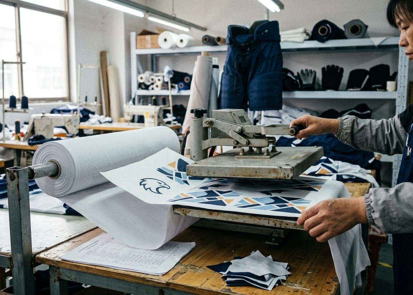 Digital sublimation line printing shell artwork into flat polyester fabric, operator's hands visible