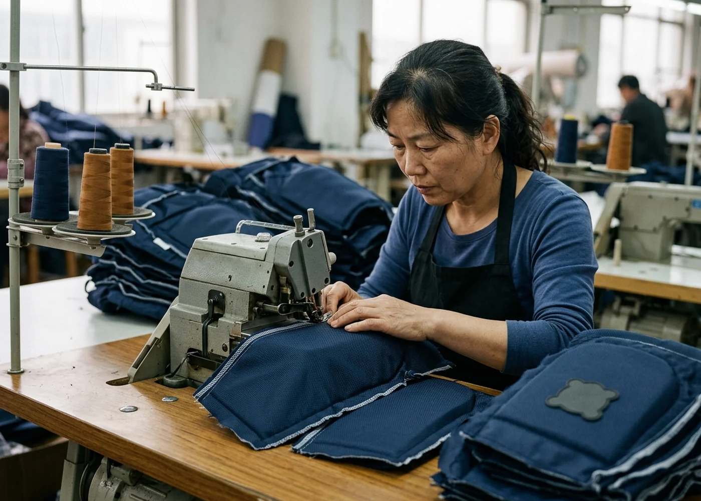 Sewer guiding hockey pant shell panels through a 4-thread overlock machine, face and hands visible