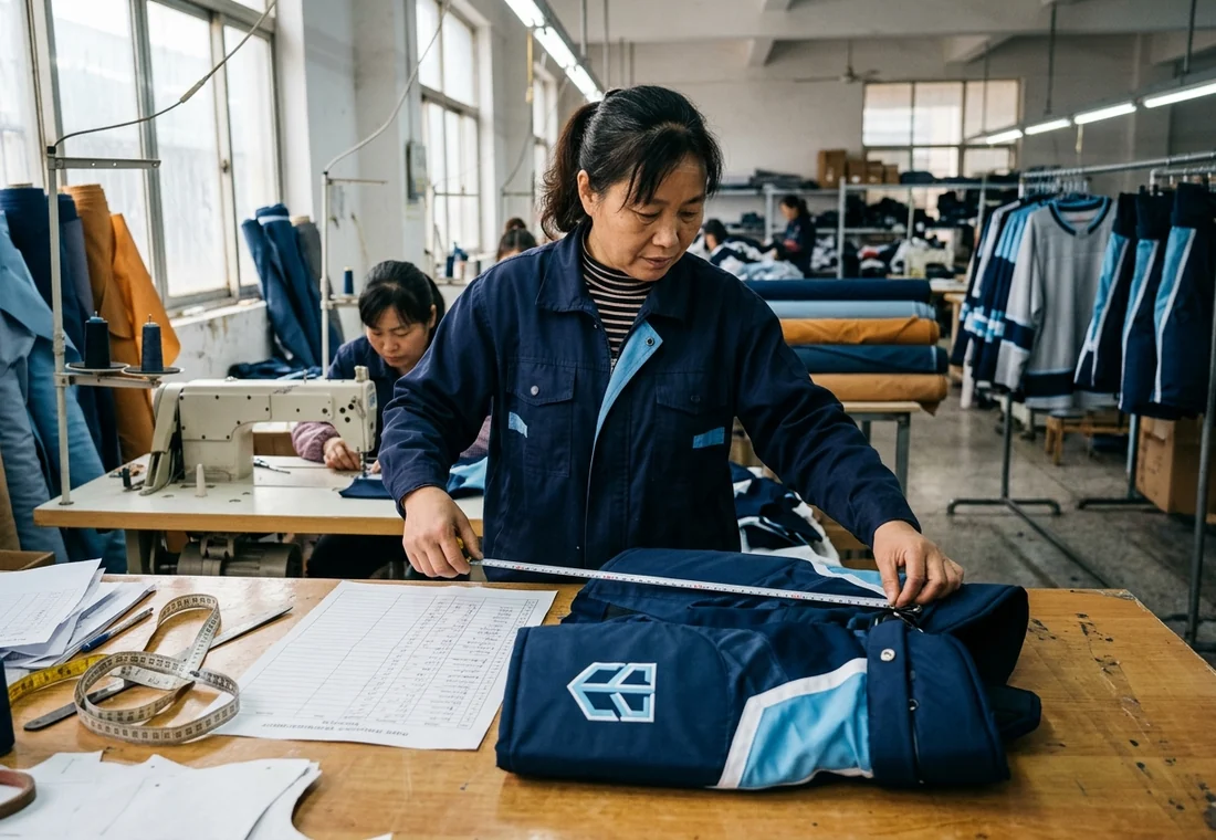 QC staff measuring the waist and outseam of a finished hockey pant shell against a graded spec sheet