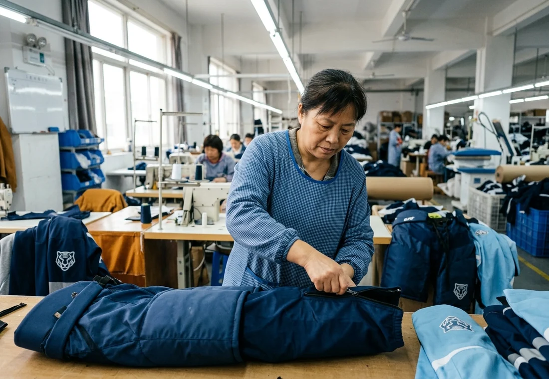 QC staff cycling the ankle zipper of a hockey pant shell open and closed, face visible in concentration