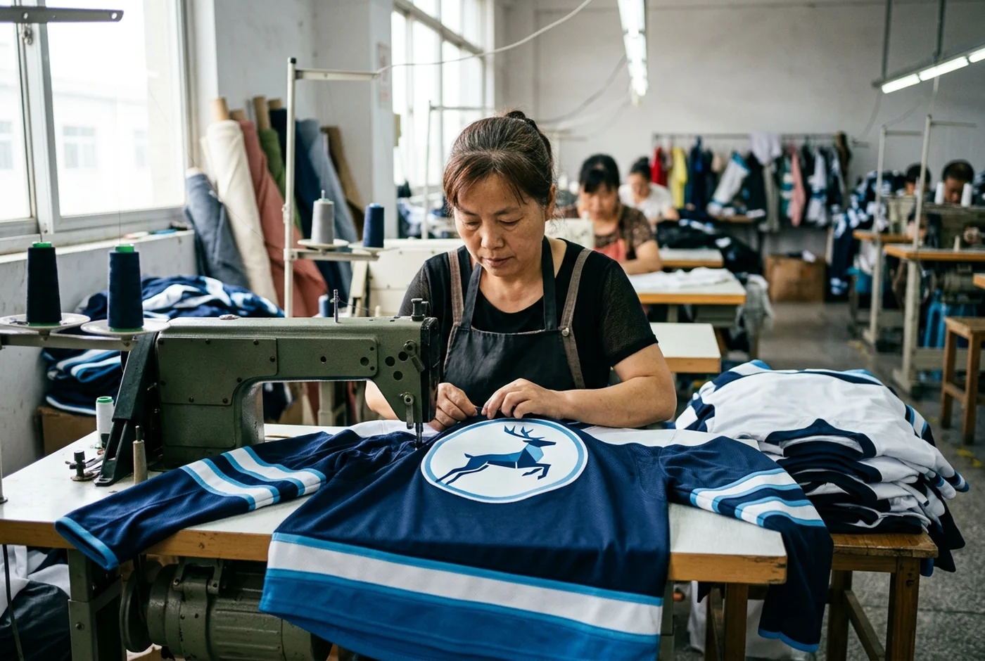 A decorated custom hockey jersey with a fictional crest, the garment these shells are built to match