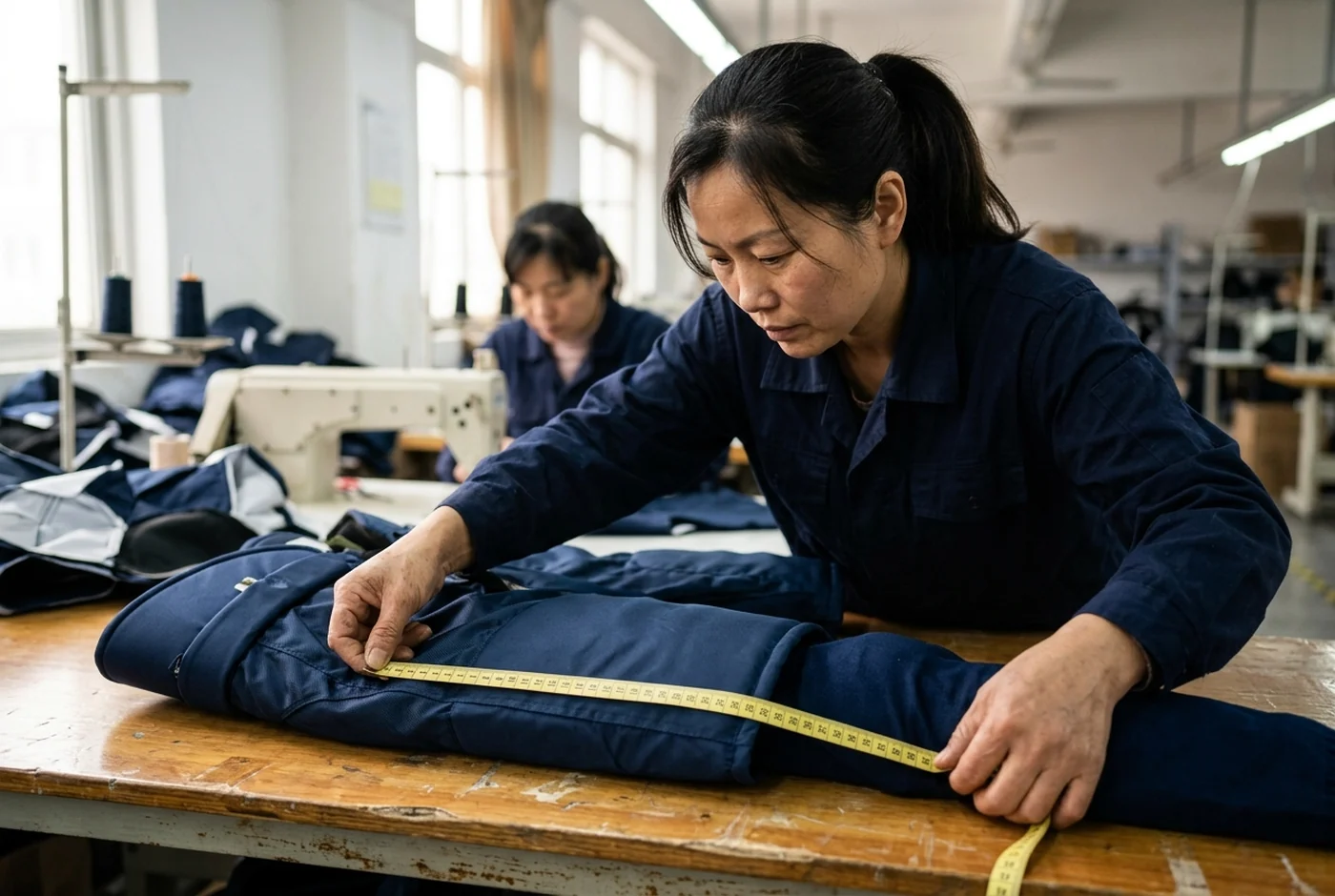 Shell outseam measurement being taken with a tailor's tape for a size chart