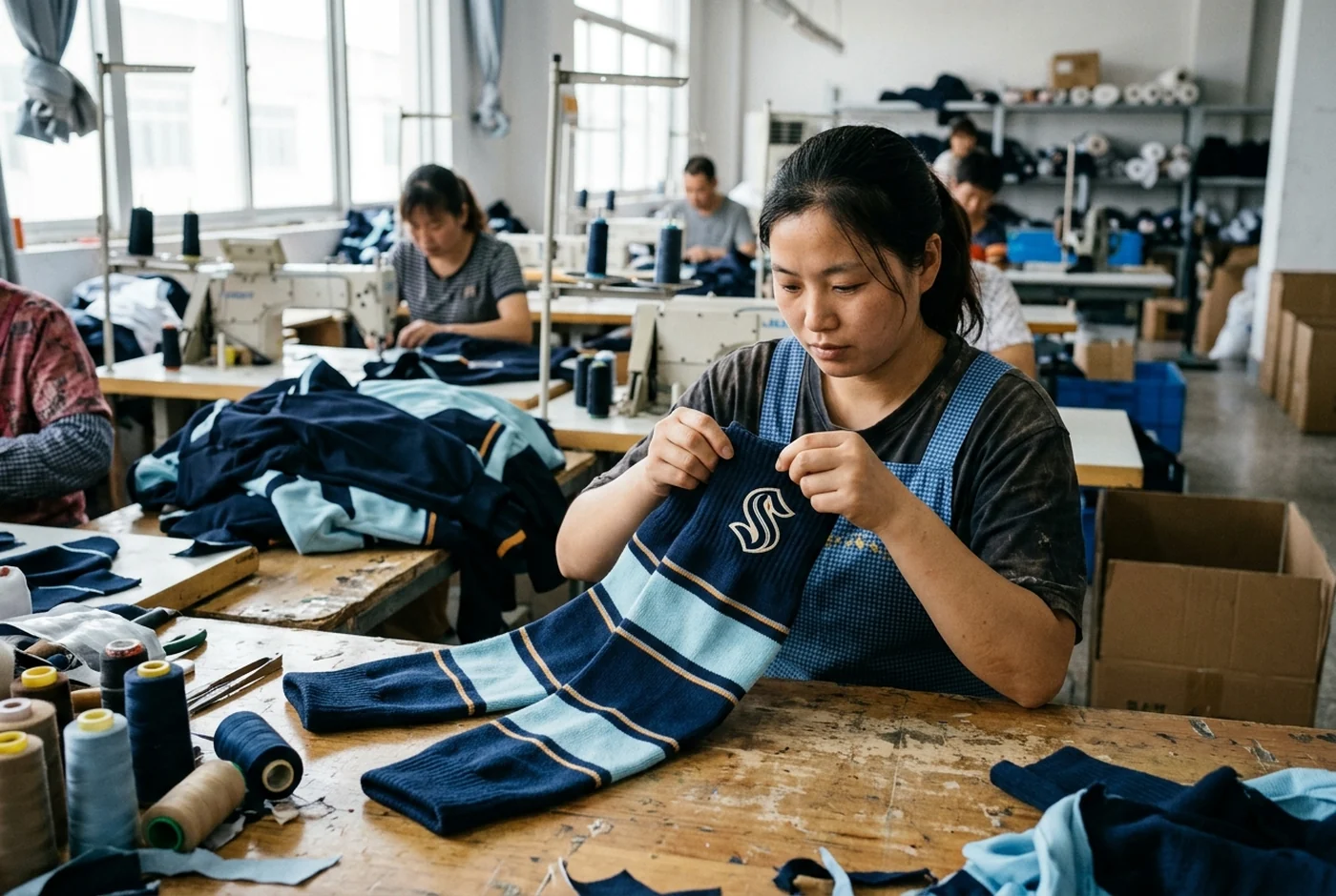 Cut-and-sew hockey socks in a fictional team colorway, completing the lower-body kit