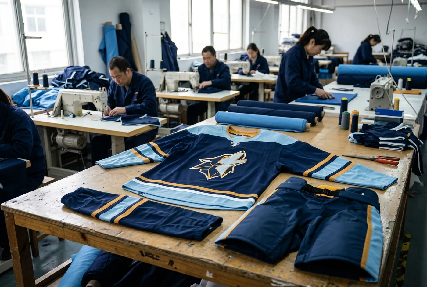 A full hockey uniform laid out together: jersey, socks, and pant shell in one fictional colorway