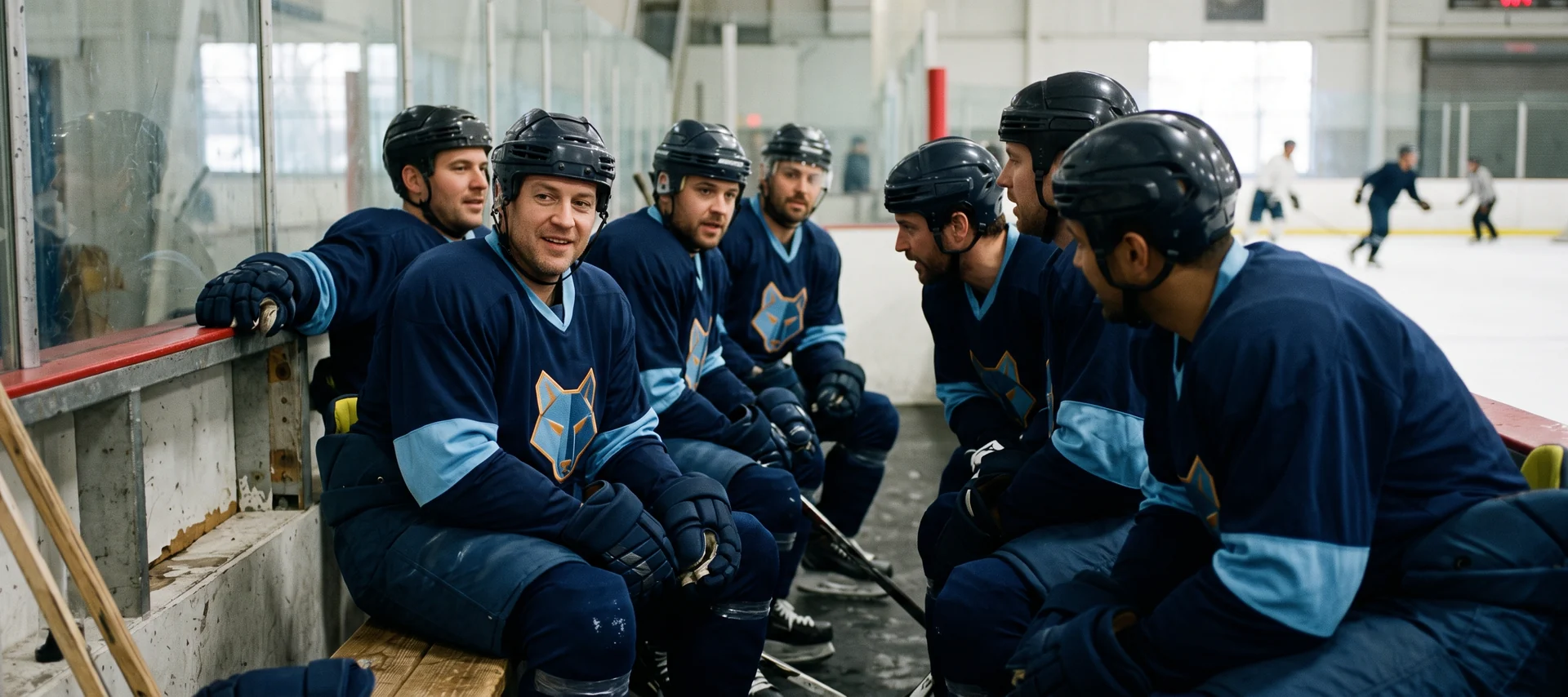 A hockey team at the bench in matched pant shells over their own padded pants, one fictional colorway across mixed gear