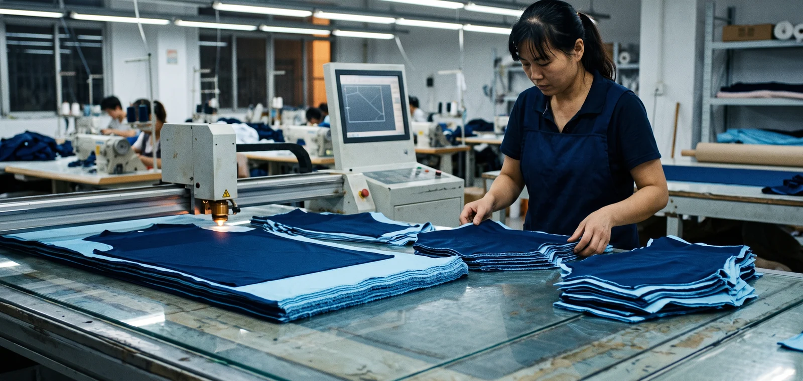 Shaped polyester panels cut on the automated cutting table against the recorded pattern
