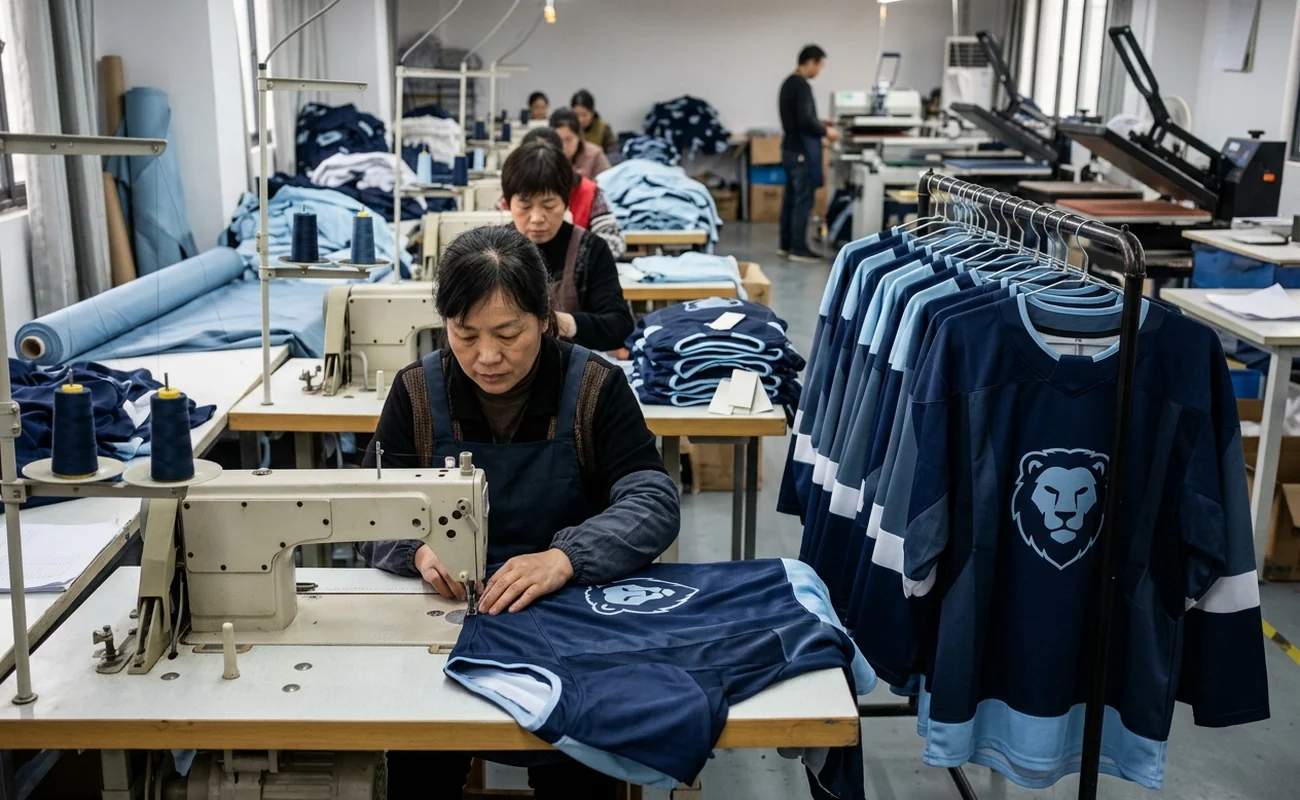 A hockey practice jersey run in production — the floor your order is answered from