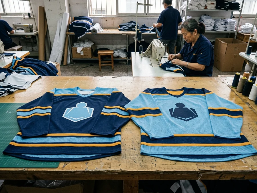 Reversible hockey practice jerseys — two colorways of one garment side by side