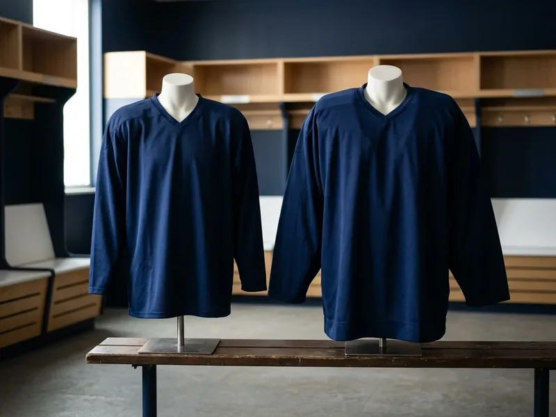 Two navy hockey practice jerseys side by side on mannequins, the goalie cut on the right wider in the body and sleeves than the player cut.