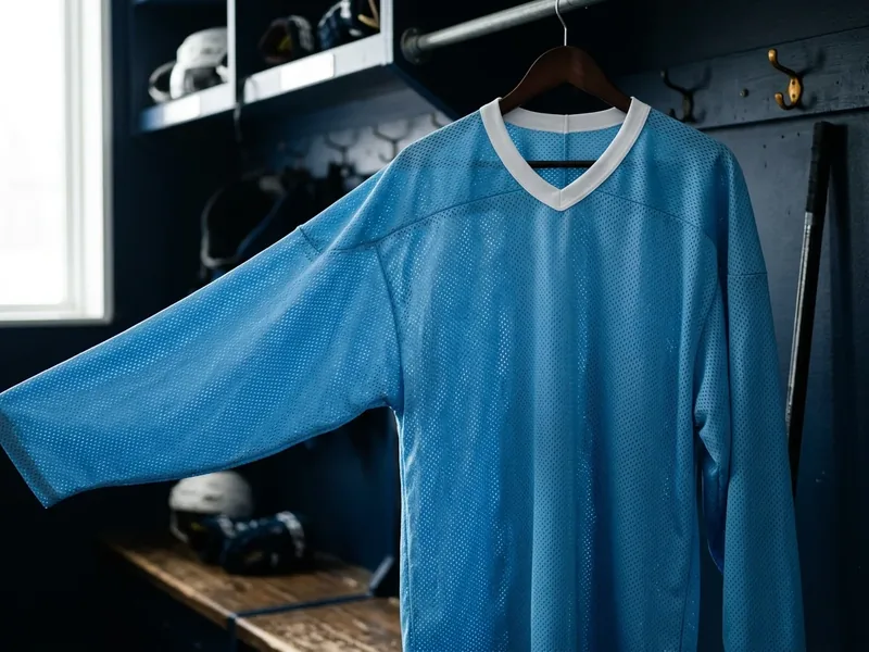 Close view of an ice blue hockey practice jersey on a hanger showing the open mesh polyester texture.