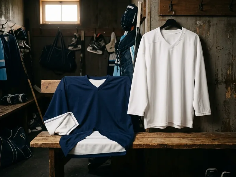 Reversible hockey practice jersey on a bench with the navy side out and the white inside face folded back, beside the same jersey hung white side out.