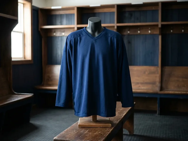 Solid navy single-color hockey practice jersey with a V-neck on a mannequin in a locker room.
