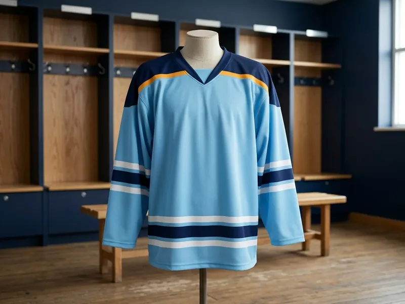 Ice blue hockey practice jersey with sublimated navy and amber shoulder blocks and printed sleeve and hem stripes on a mannequin.