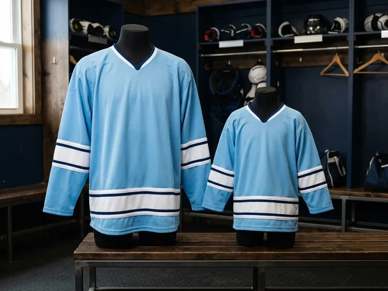Adult and youth size ice blue hockey practice jerseys side by side on mannequins, showing the size difference.