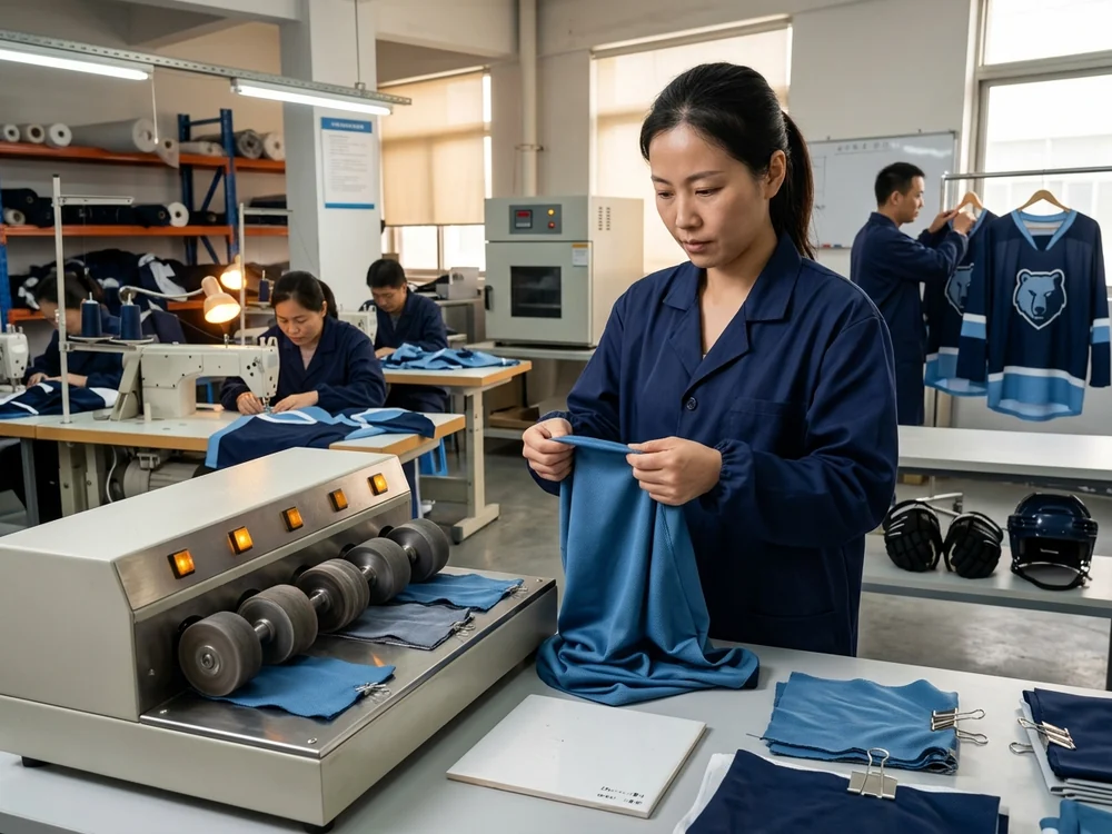 Independent laboratory testing — color fastness, shrinkage, and pilling against the named standard