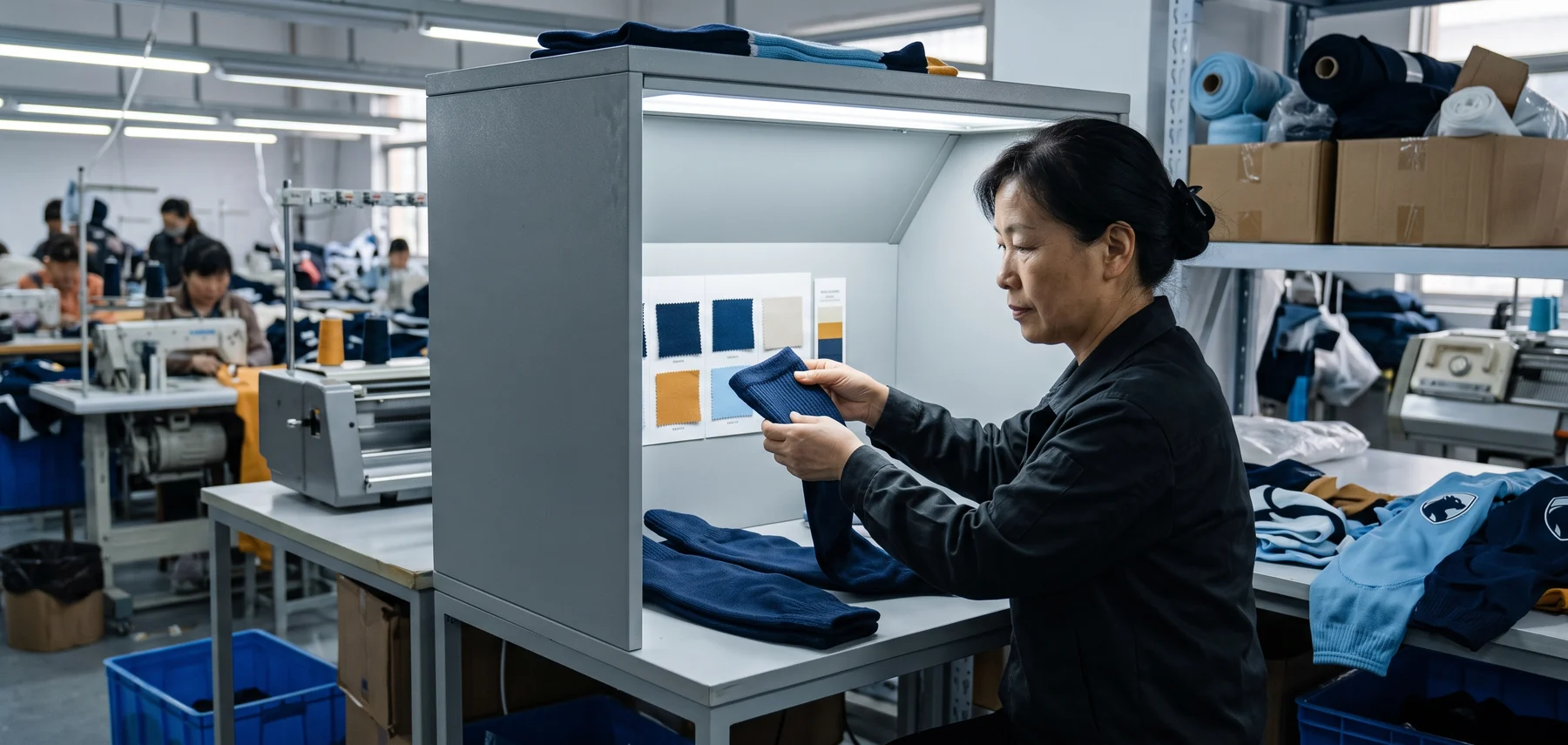 A QC worker comparing sock fabric color against the approved kit color reference under a light booth
