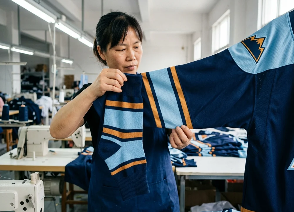 A finished hockey sock held against its matching jersey sleeve to confirm the color reads as one kit
