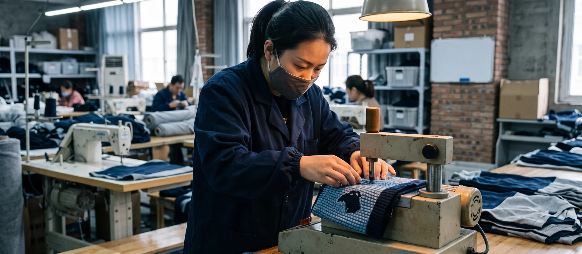A third-party laboratory technician running a color fastness test on a hockey sock fabric sample