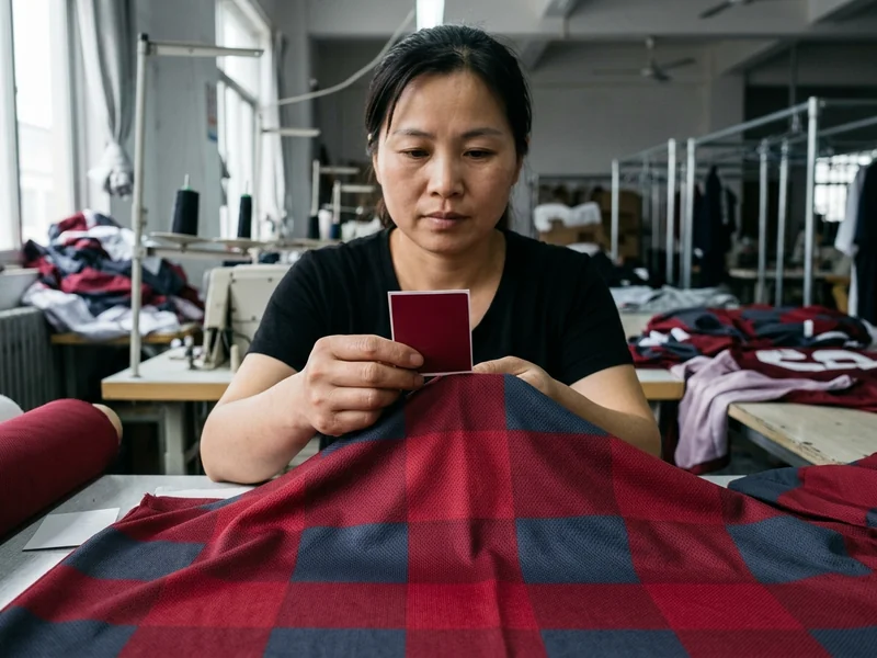 Solid-dyed polyester panels in a deep red team colorway checked against a physical color swatch