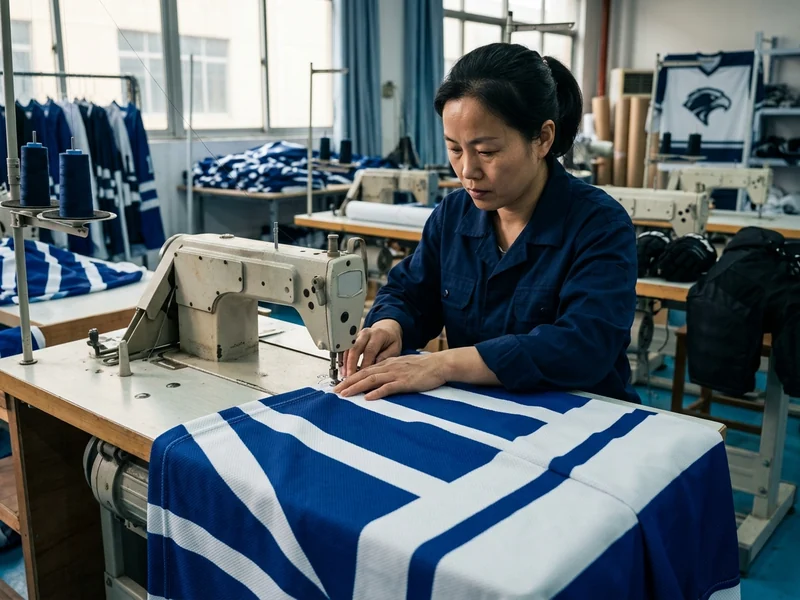Engineered stripes sublimated into flat hockey sock fabric at a diagonal angle in royal blue and white