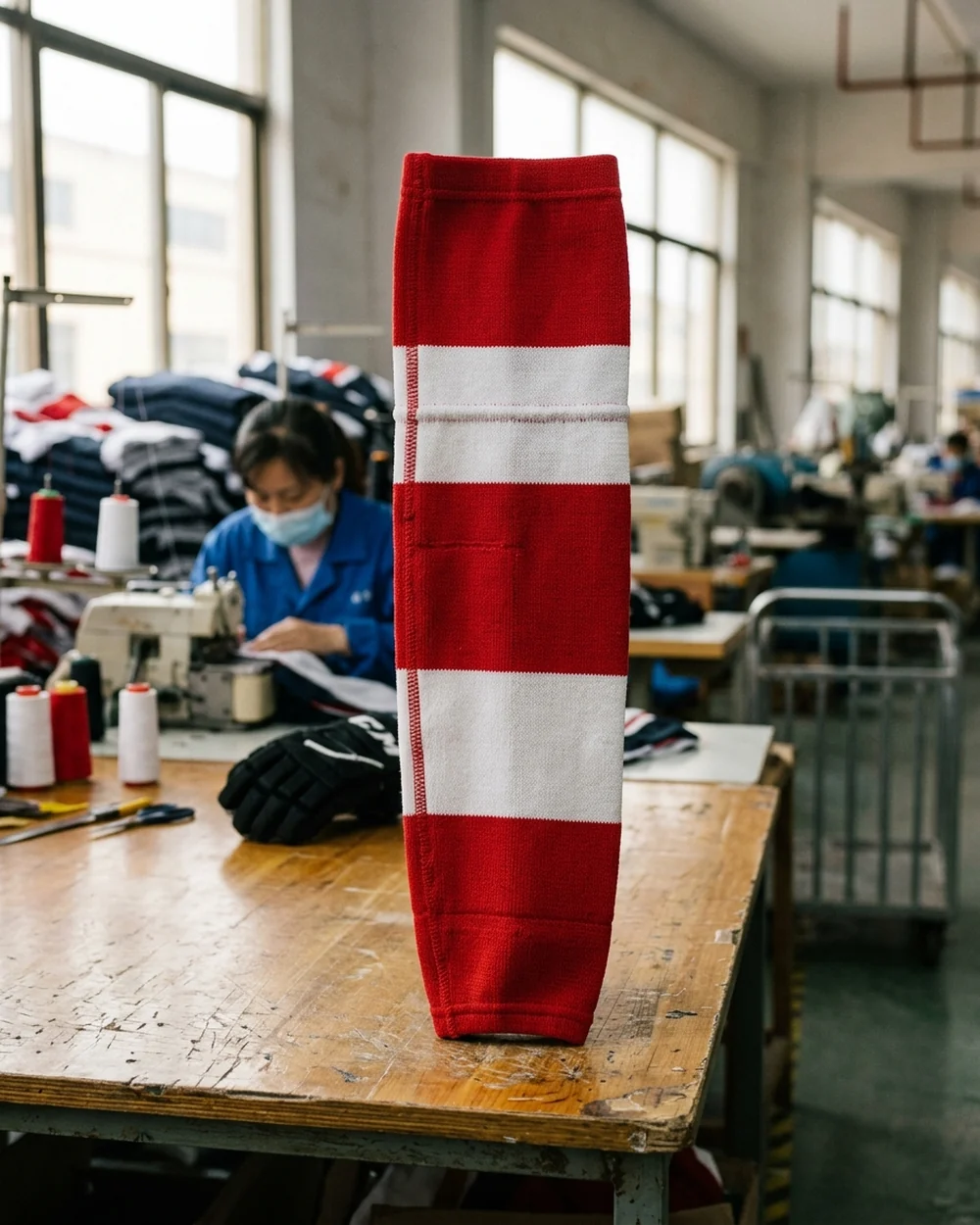 Side profile of a cut-and-sew hockey sock in a red and white fictional team colorway with a two-digit number