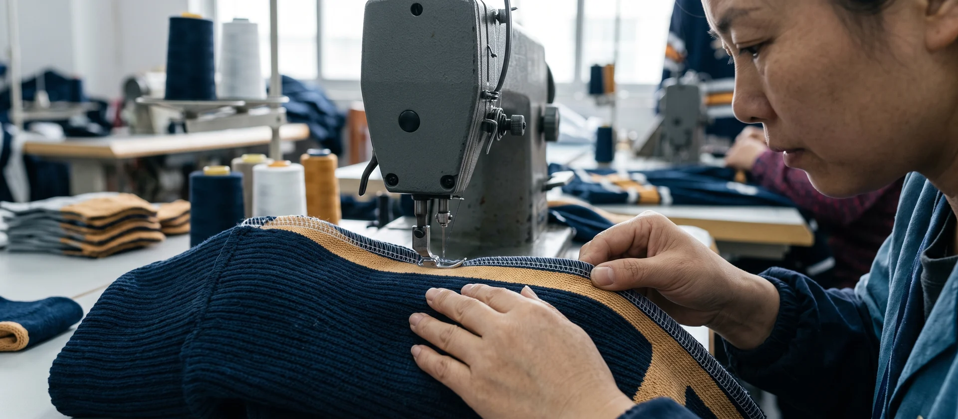 Close-up of a flat 4-thread overlock seam being sewn along the back panel of a hockey sock