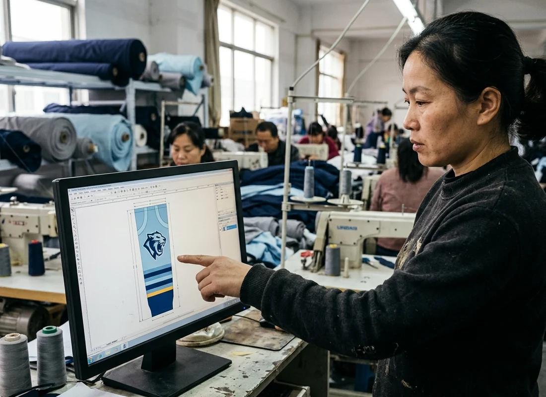 A designer reviewing a sock artwork file with a fictional team crest and stripe placement on a monitor