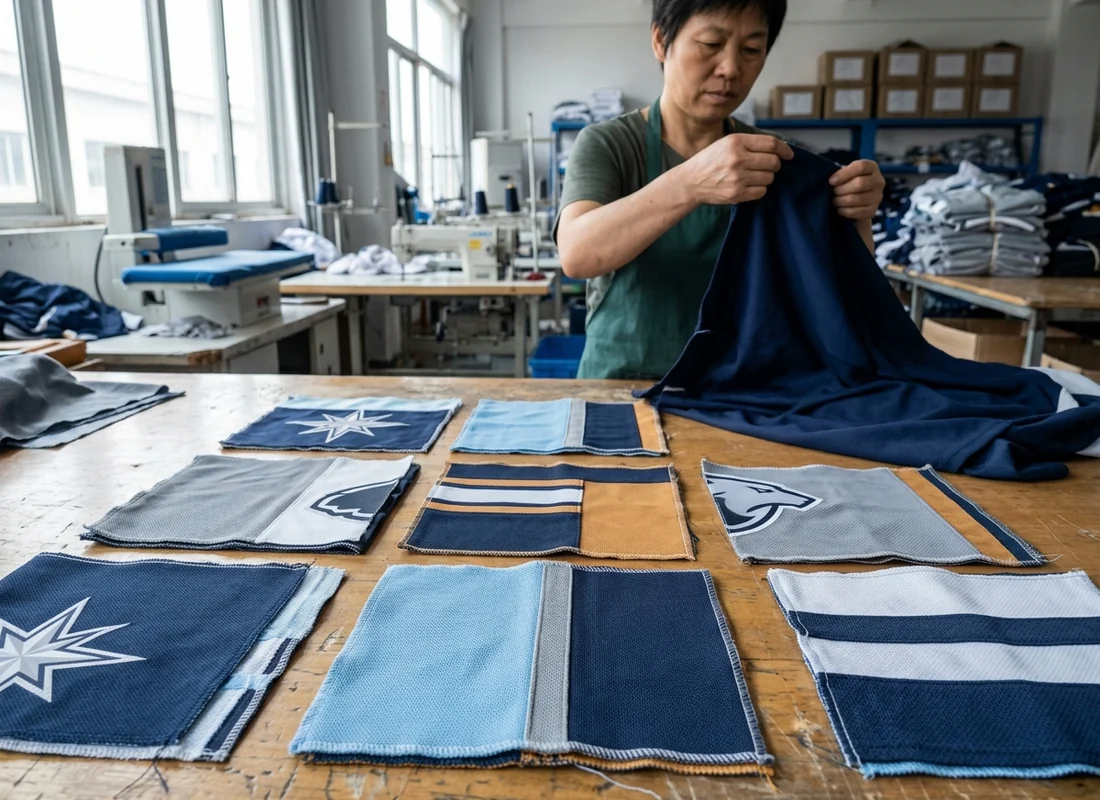 Fabric swatches in several team colorways laid out for material selection