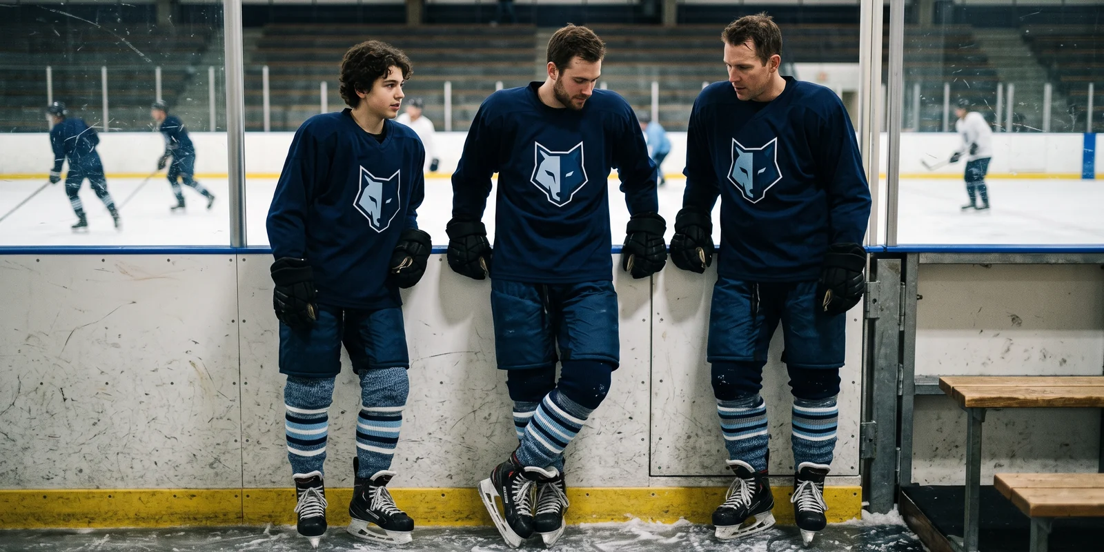 Players of different ages at the rink boards wearing the same fictional team socks at different lengths