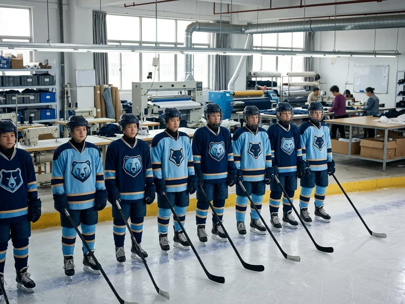 A youth hockey team lineup on the ice wearing matched kits, socks coordinated with the jerseys
