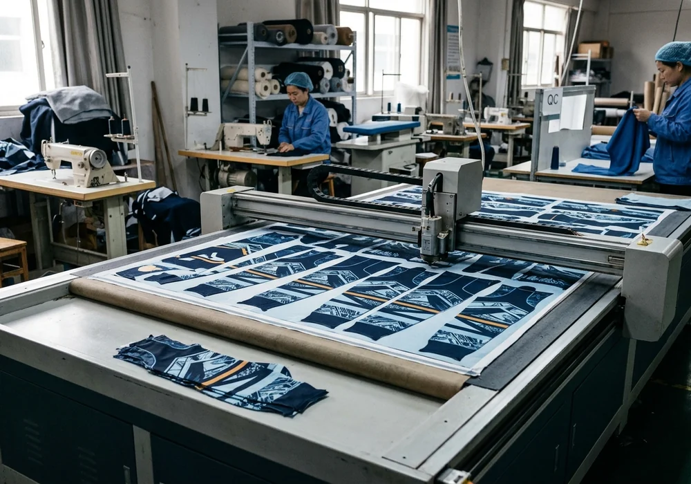 Automated cutting table cutting shaped hockey sock panels from printed fabric