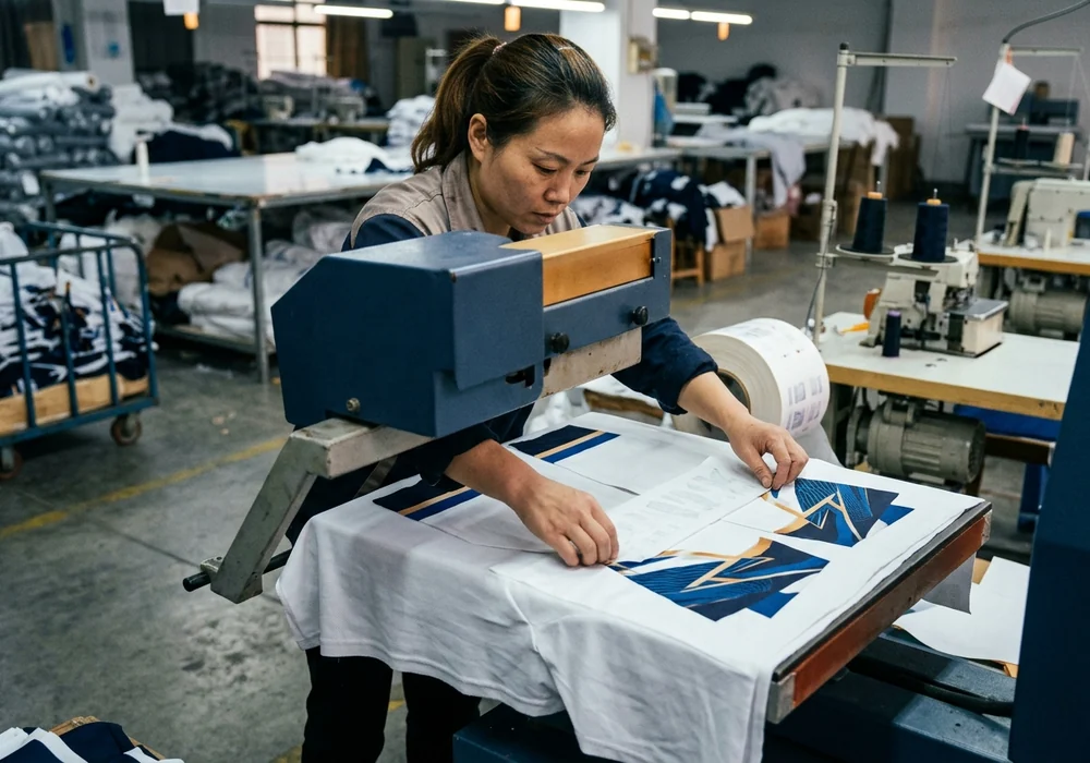 Digital sublimation line printing sock artwork into flat polyester fabric, operator's hands visible