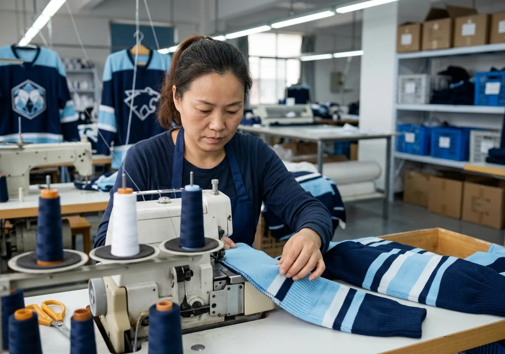 Sewer guiding hockey sock panels through a 4-thread overlock machine, face and hands visible