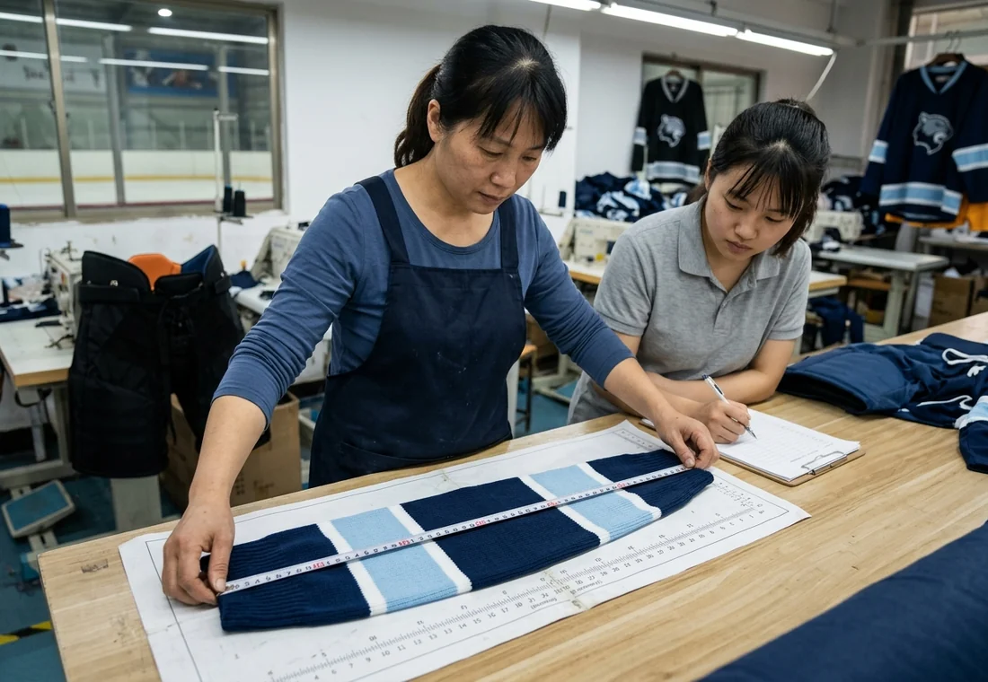 QC staff measuring the overall length of a finished hockey sock against a graded spec sheet