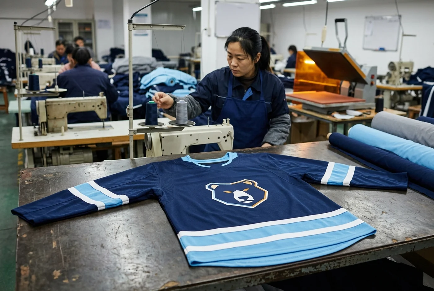 A decorated custom hockey jersey with a fictional crest, the garment these socks are built to match