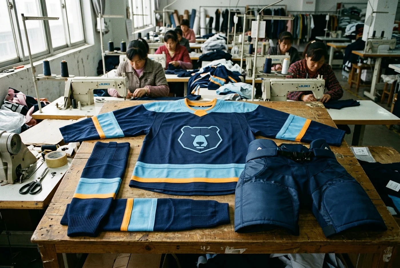 A full hockey uniform laid out together: jersey, socks, and pant shell in one fictional colorway