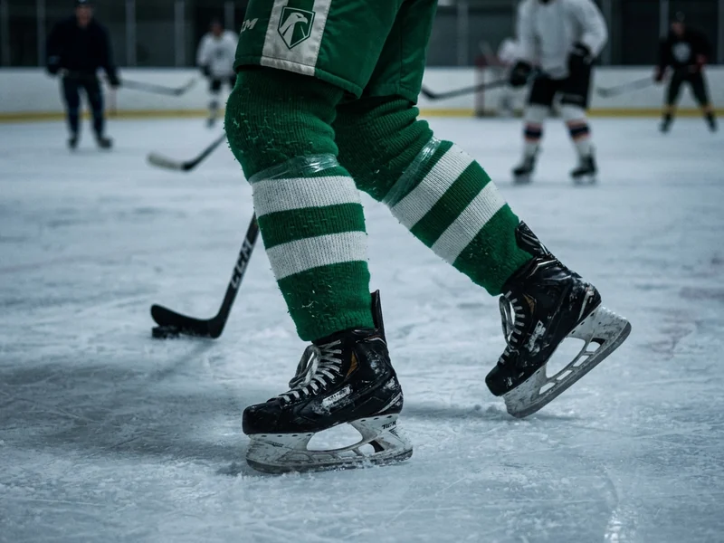 Game socks in a kelly green and white fictional team colorway worn on the ice during play