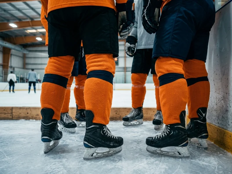 Practice hockey socks in a bright orange group color worn at a training session