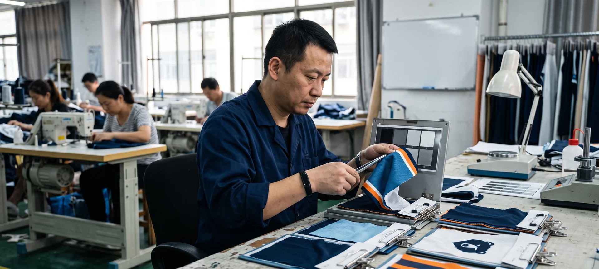 An independent laboratory technician running a colorfastness test on kit fabric samples