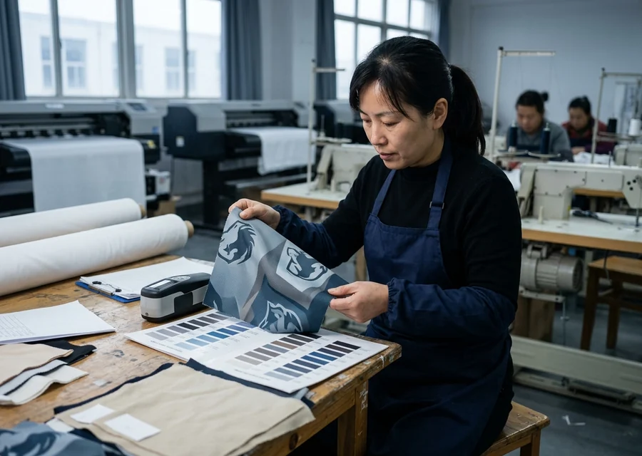 Print calibration shade card used to tune the sublimation profile per fabric base toward the kit's single reference