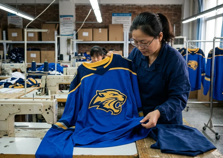 A decorated hockey jersey in a royal blue and gold fictional team colorway with an invented crest and two-digit number, worn on-model
