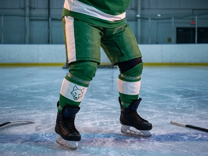 A hockey pant shell in a kelly green and white fictional team colorway worn on the ice over the player's own padded pants