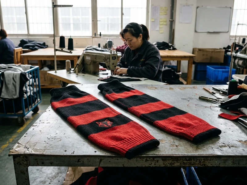Cut-and-sew hockey socks in a red and black fictional team colorway with striped leg pattern, product shot