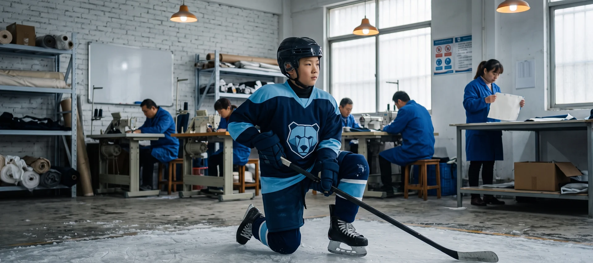 A youth hockey player on the ice in a fully matched kit, jersey socks and shell reading as one uniform