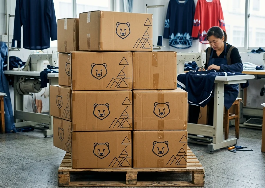 Labeled team cartons stacked for one consignment, no readable brand names, no logos, no real company letterhead