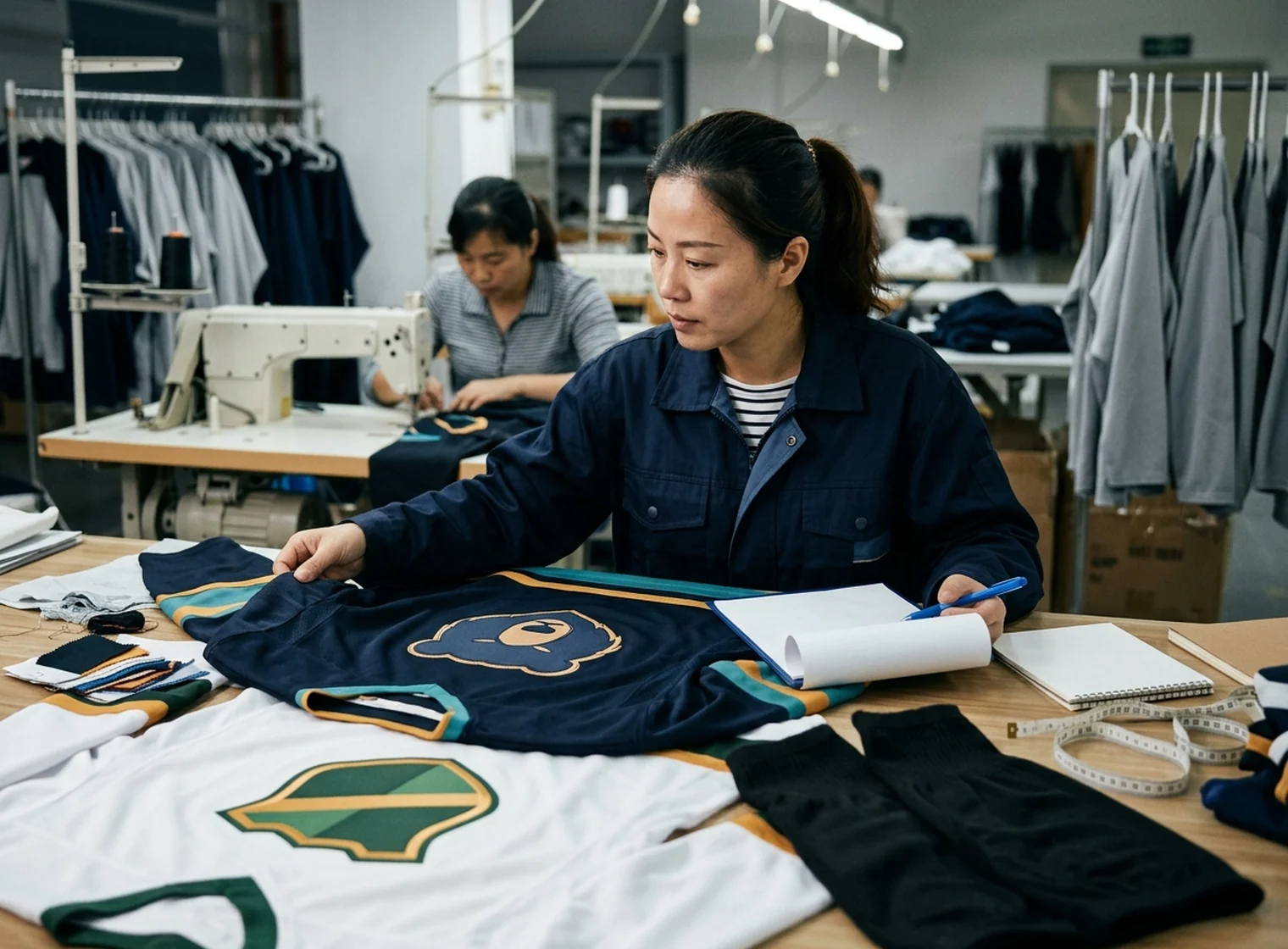A teamwear agent reviewing several club accounts' uniform programs at a desk