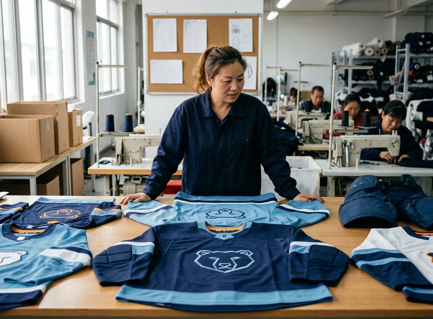 A brand-side designer reviewing a coordinated hockey kit collection laid out as one product line